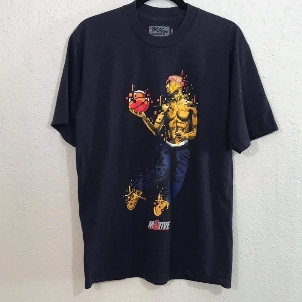 Million Dolla‎ Motive “Tupac Basketball” Black Screen Print T-shirt size L